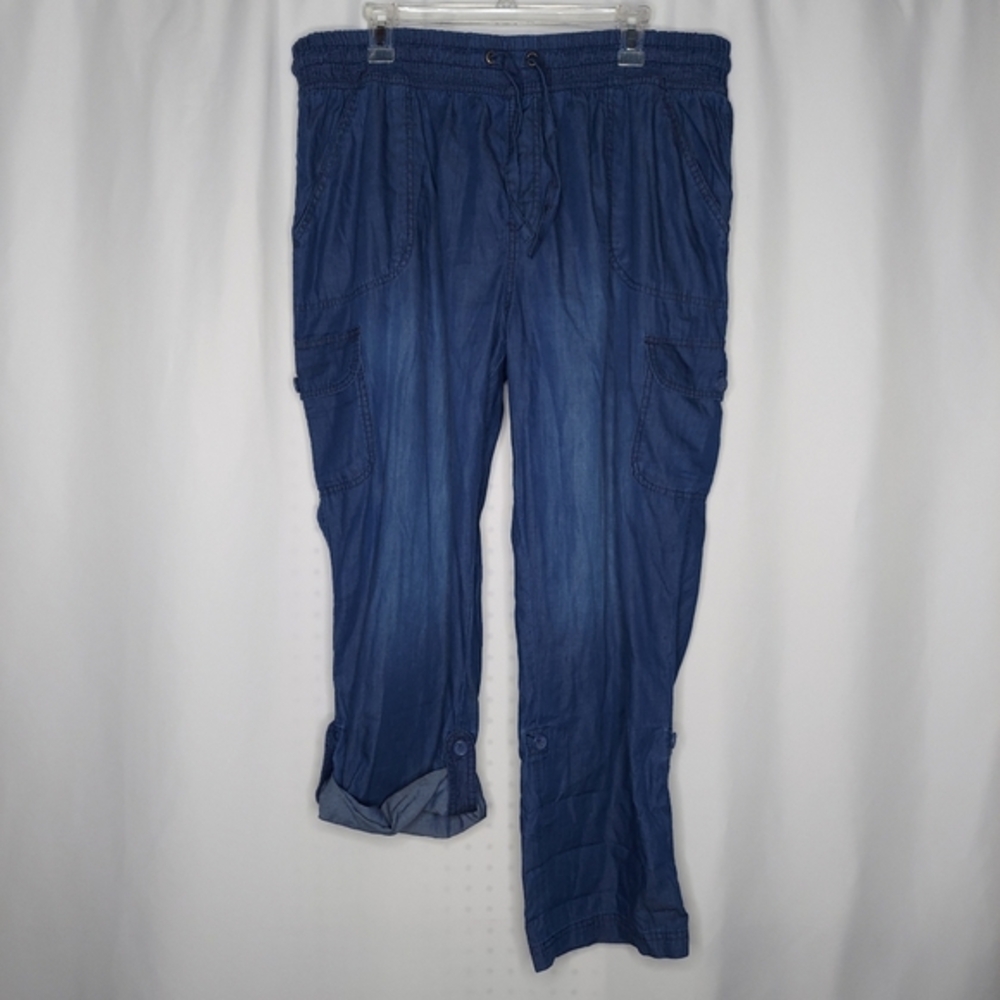 Woman Within Drawstring Cargo Pants 18P‎ Blue Chambray Elastic Pocket Cotton